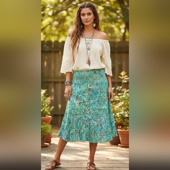 Nomadic Traders Blue and Green A-Line Skirt Size Large - Picture 1 of 5